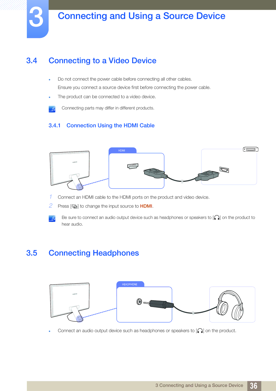 Samsung S27A750D, S23A750D user manual Connecting to a Video Device, Connecting Headphones, Connection Using the Hdmi Cable 