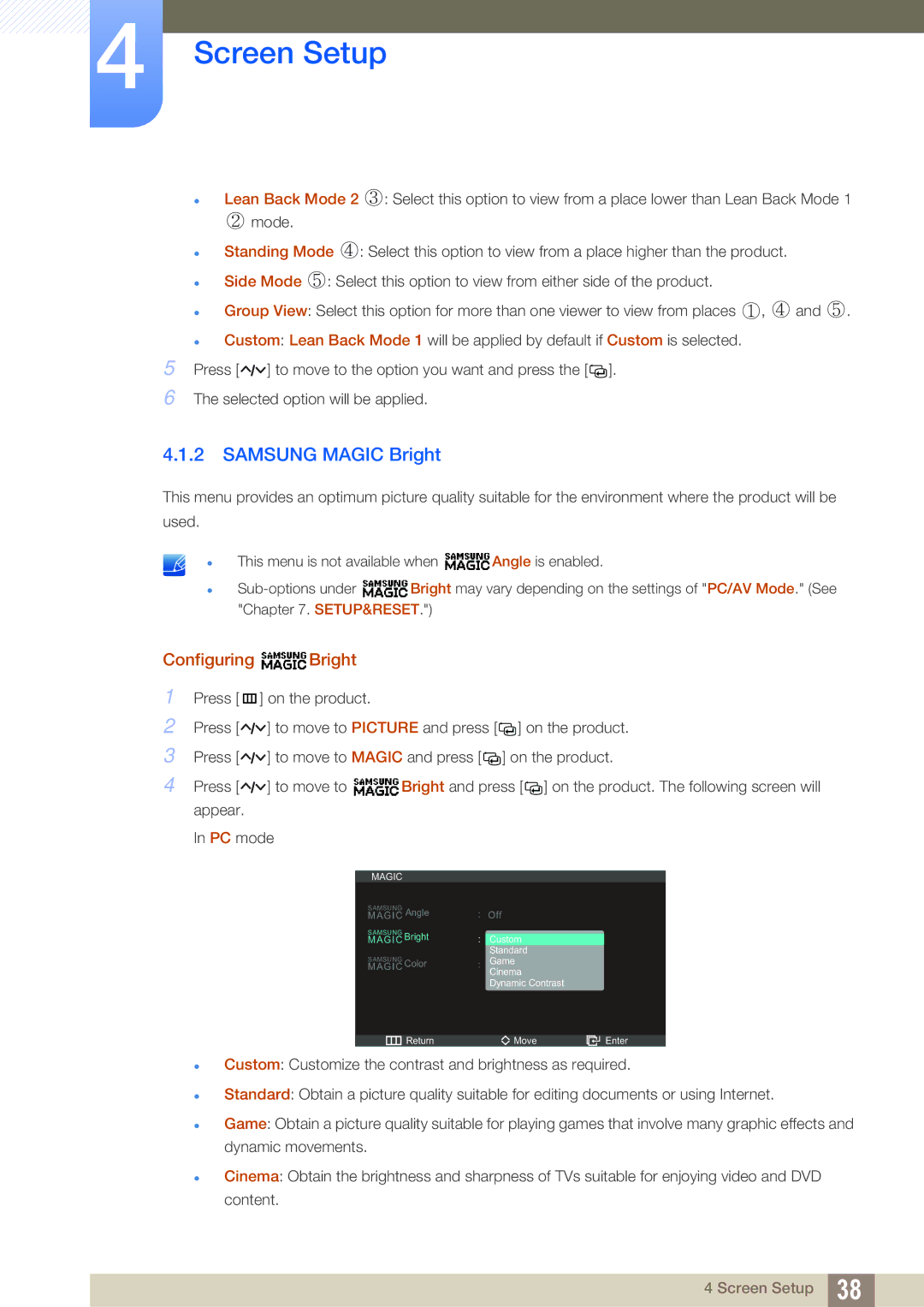 Samsung S27A750D, S23A750D user manual Samsung Magic Bright, Configuring Bright 