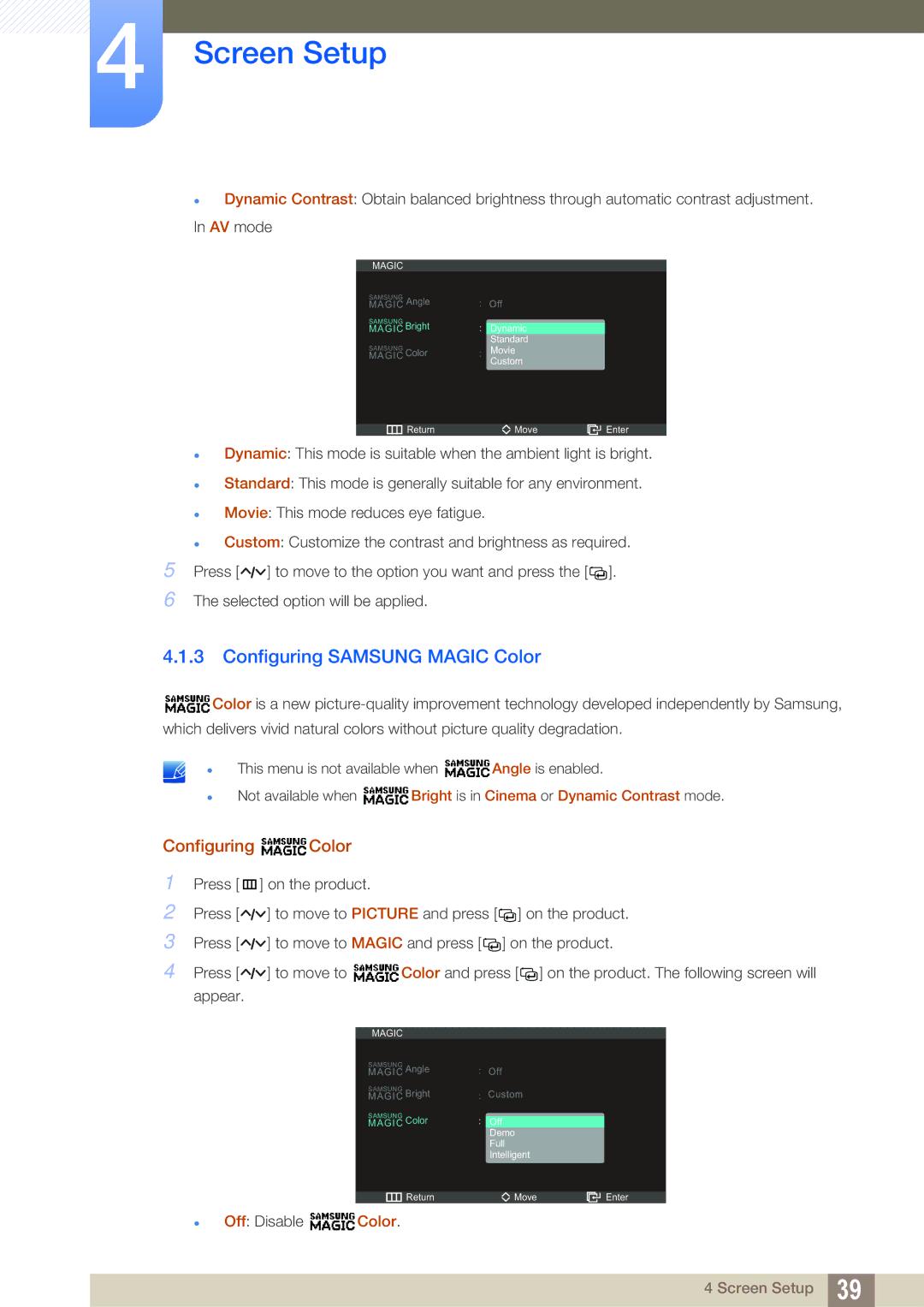 Samsung S23A750D, S27A750D user manual Configuring Samsung Magic Color, Configuring Color 