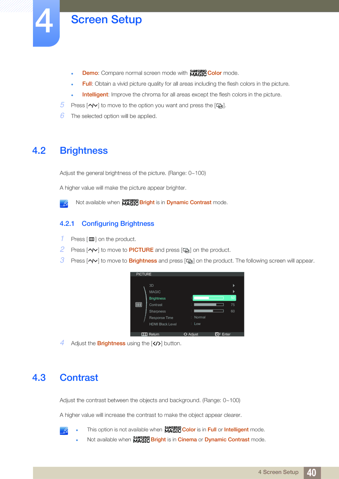 Samsung S27A750D, S23A750D user manual Contrast, Configuring Brightness 