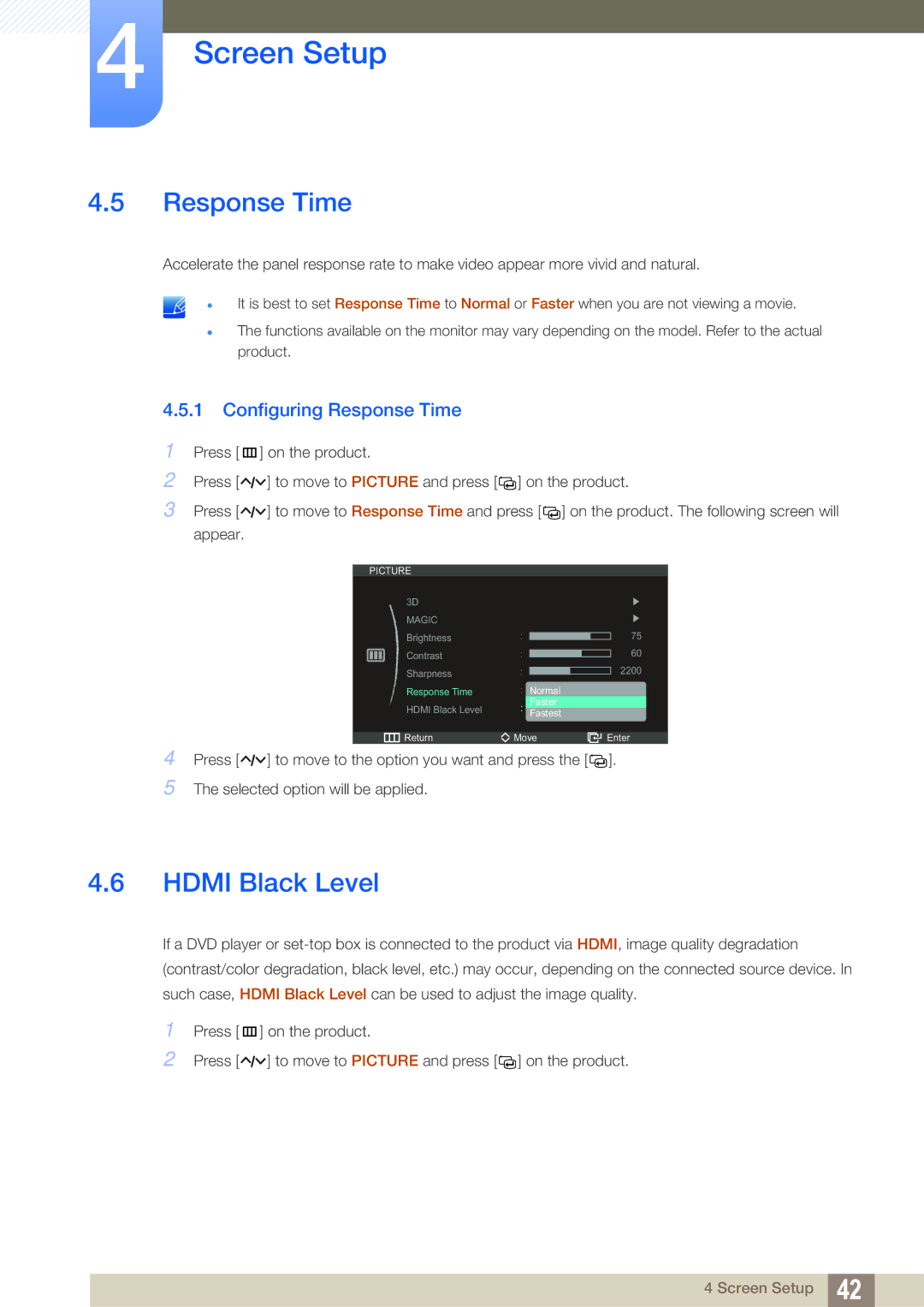 Samsung S27A750D, S23A750D user manual Hdmi Black Level, Configuring Response Time 