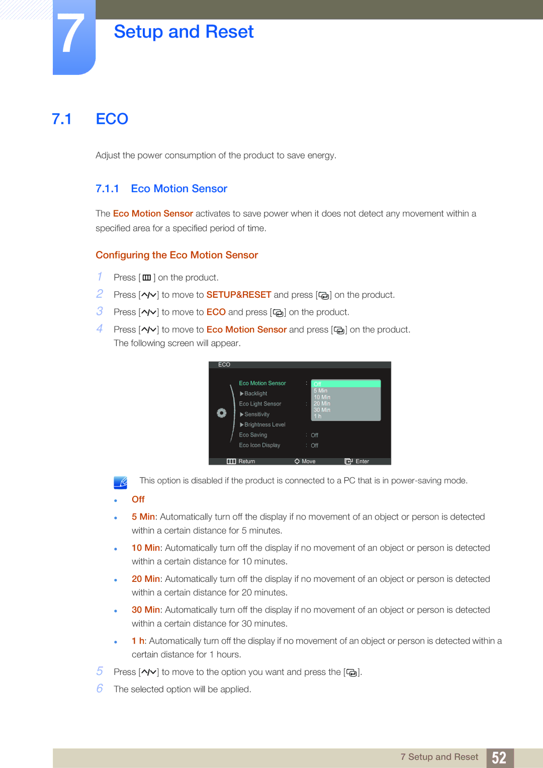 Samsung S27A750D, S23A750D user manual Setup and Reset, Configuring the Eco Motion Sensor 