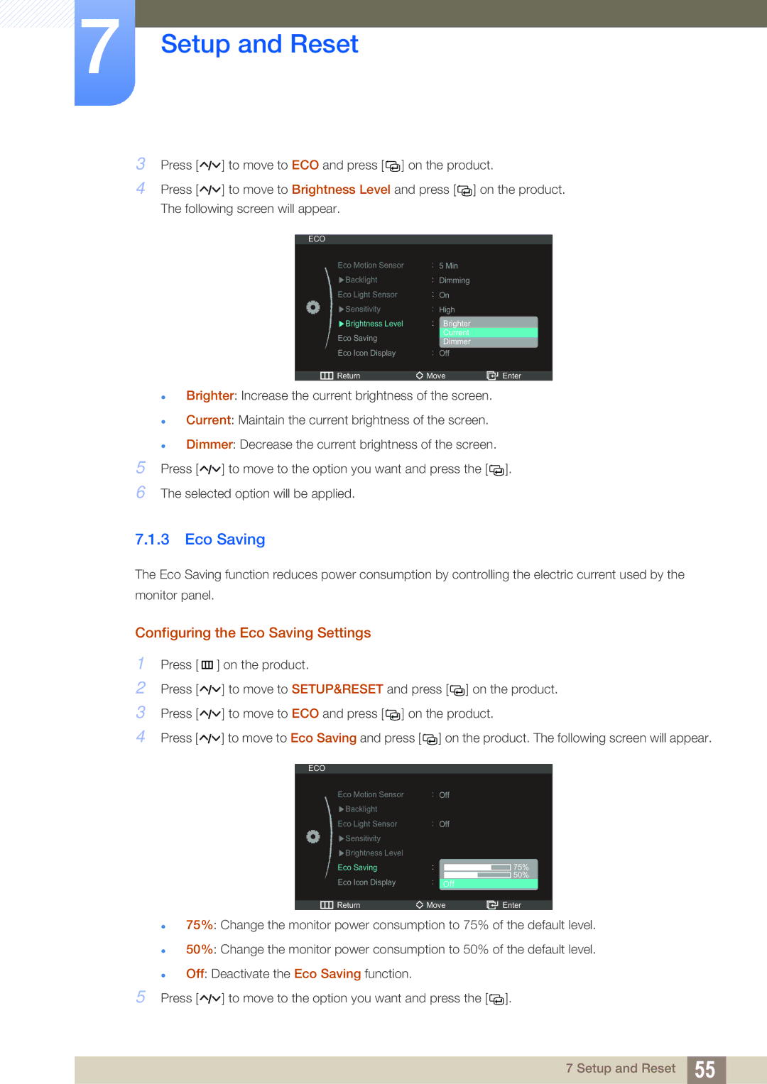 Samsung S23A750D, S27A750D user manual Configuring the Eco Saving Settings 