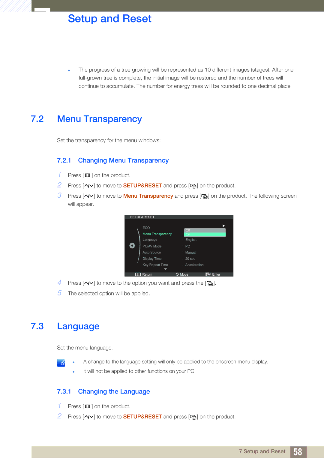 Samsung S27A750D, S23A750D user manual Changing Menu Transparency, Changing the Language 