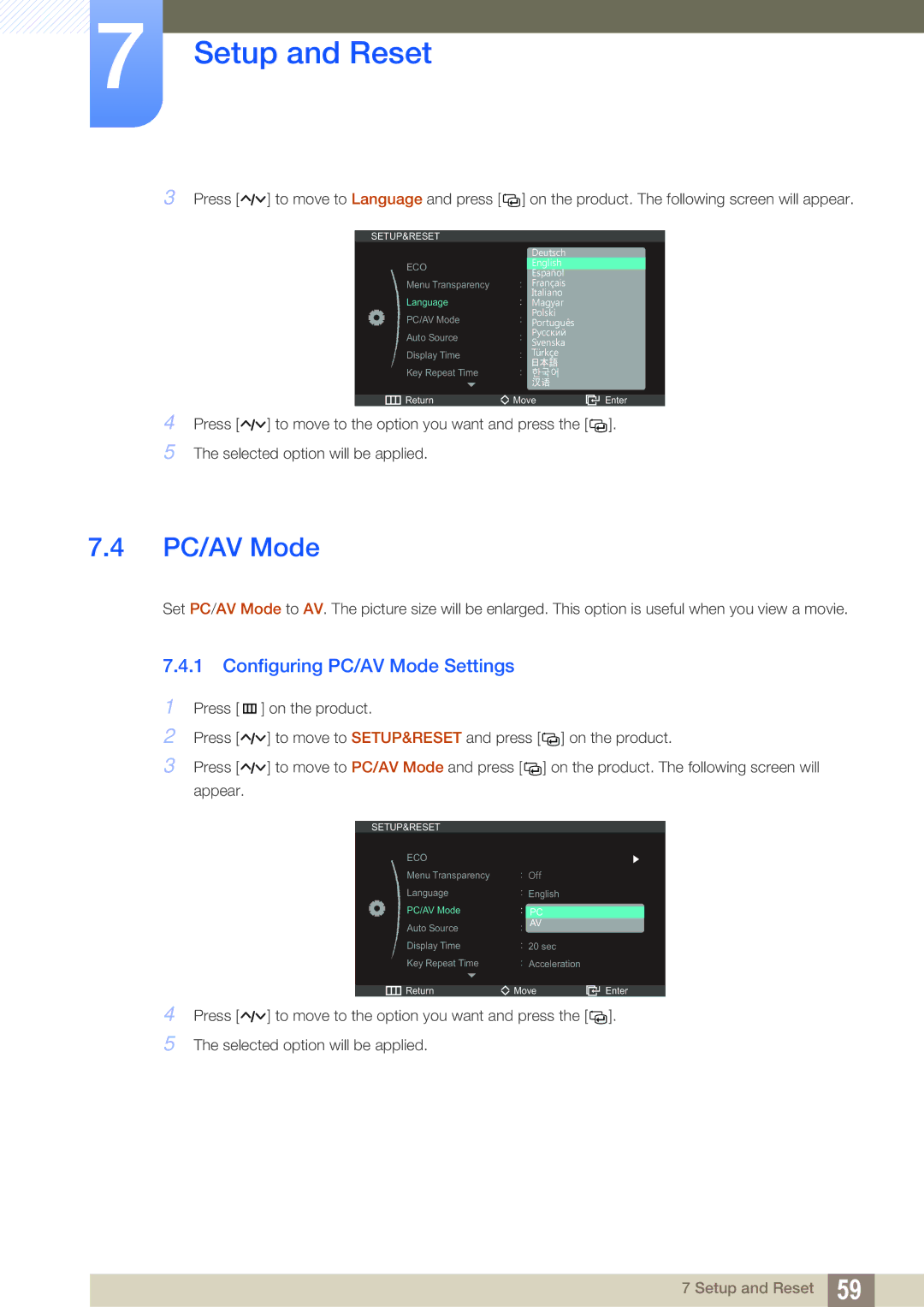 Samsung S23A750D, S27A750D user manual Configuring PC/AV Mode Settings 