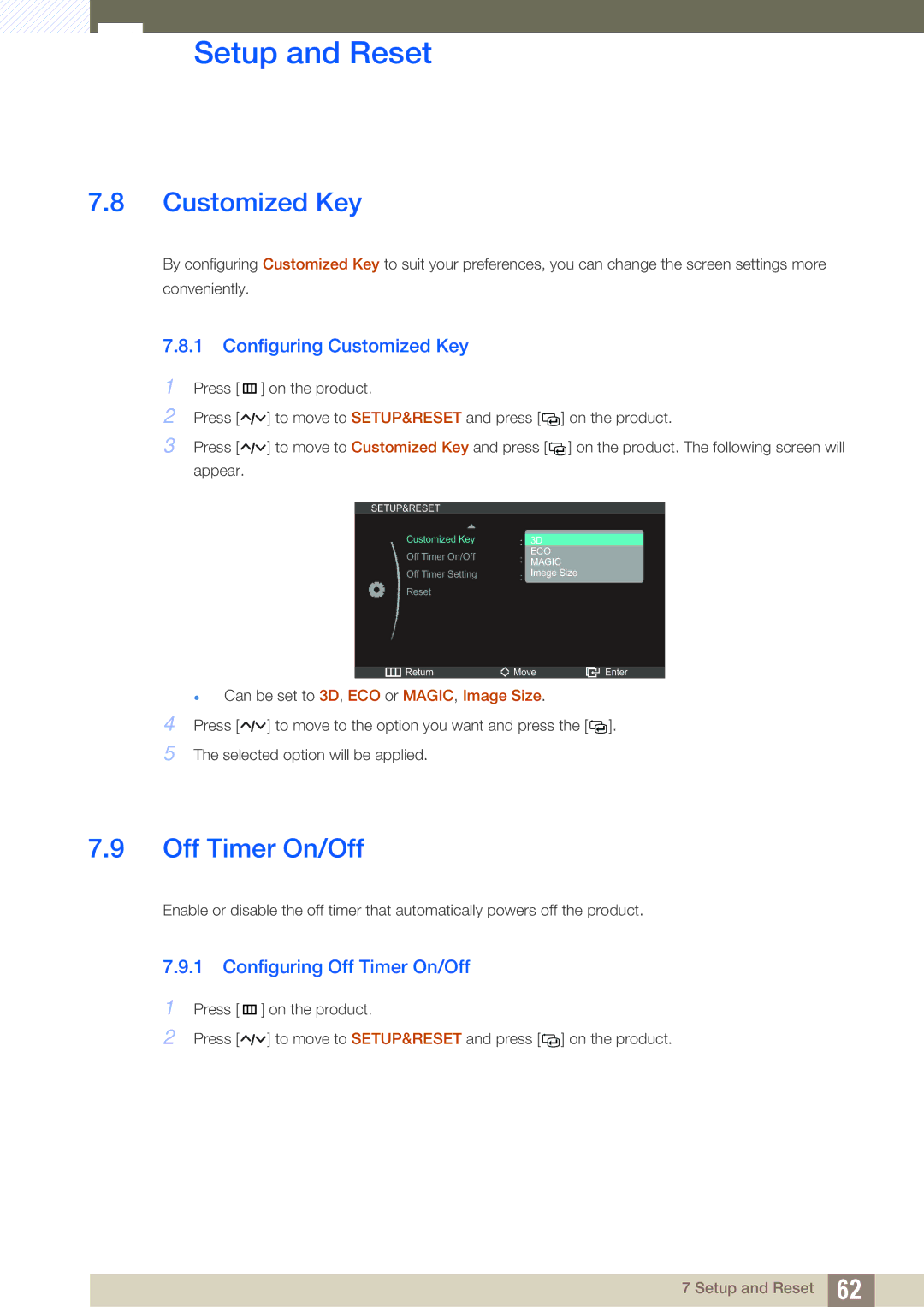 Samsung S27A750D, S23A750D user manual Configuring Customized Key, Configuring Off Timer On/Off 