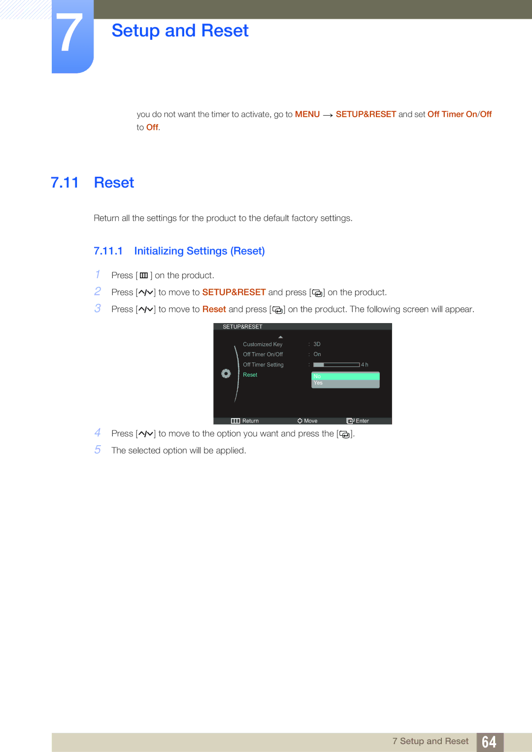 Samsung S27A750D, S23A750D user manual Initializing Settings Reset 