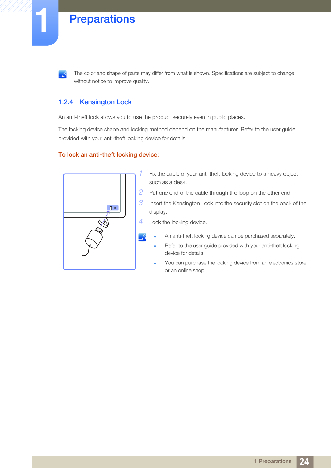 Samsung S27A750D, S23A750D user manual Kensington Lock, Preparations, To lock an anti-theft locking device 