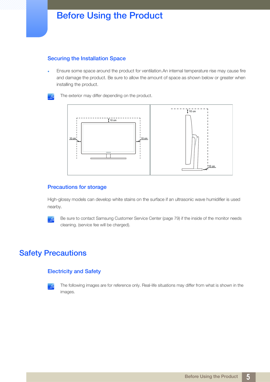 Samsung S23A750D Safety Precautions, Securing the Installation Space, Precautions for storage, Electricity and Safety 