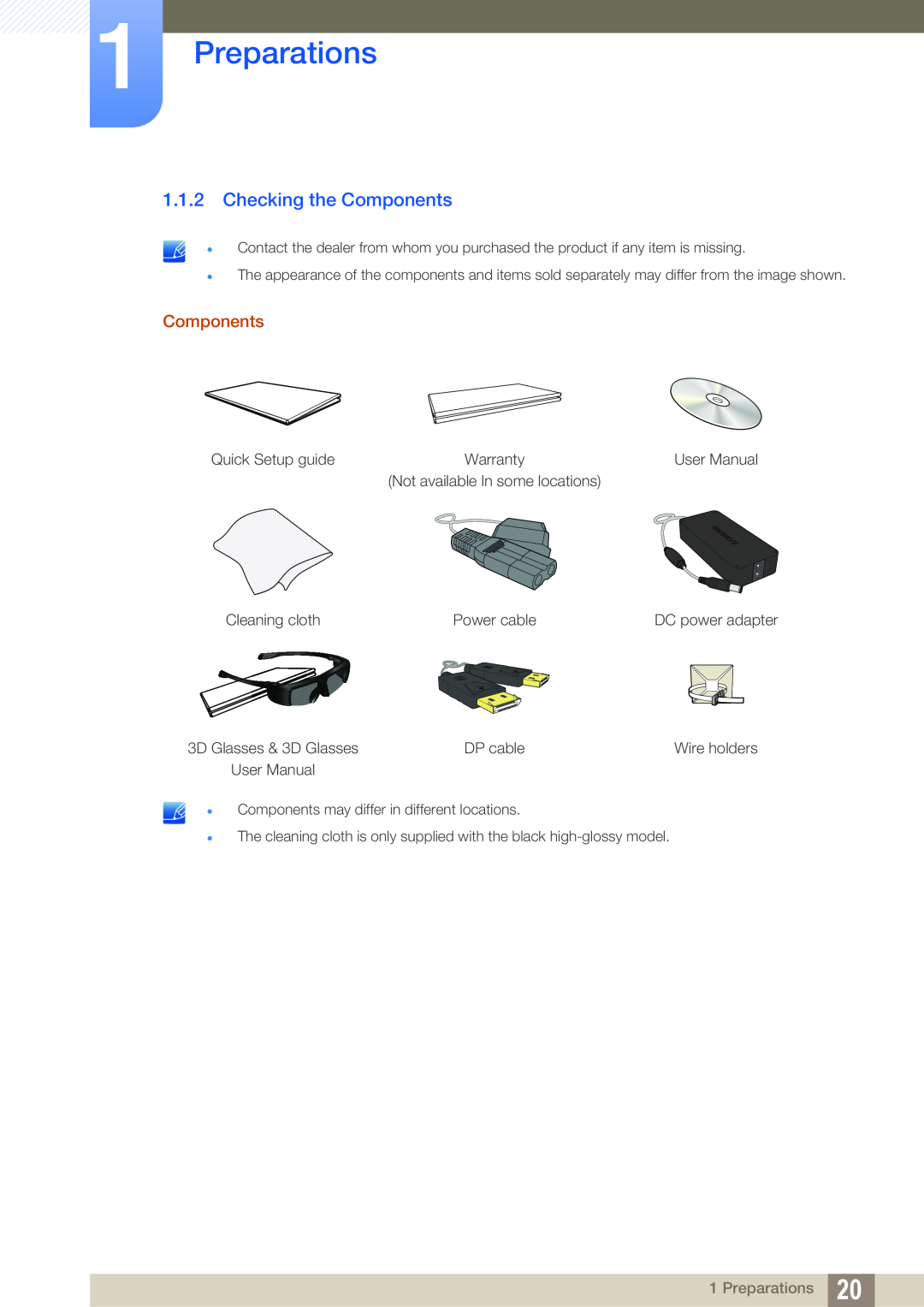 Samsung S27A750D, S23A750D user manual Checking the Components, Preparations 