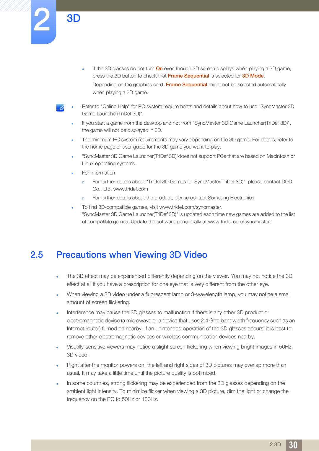 Samsung S27A750D, S23A750D user manual Precautions when Viewing 3D Video, 2 3D 