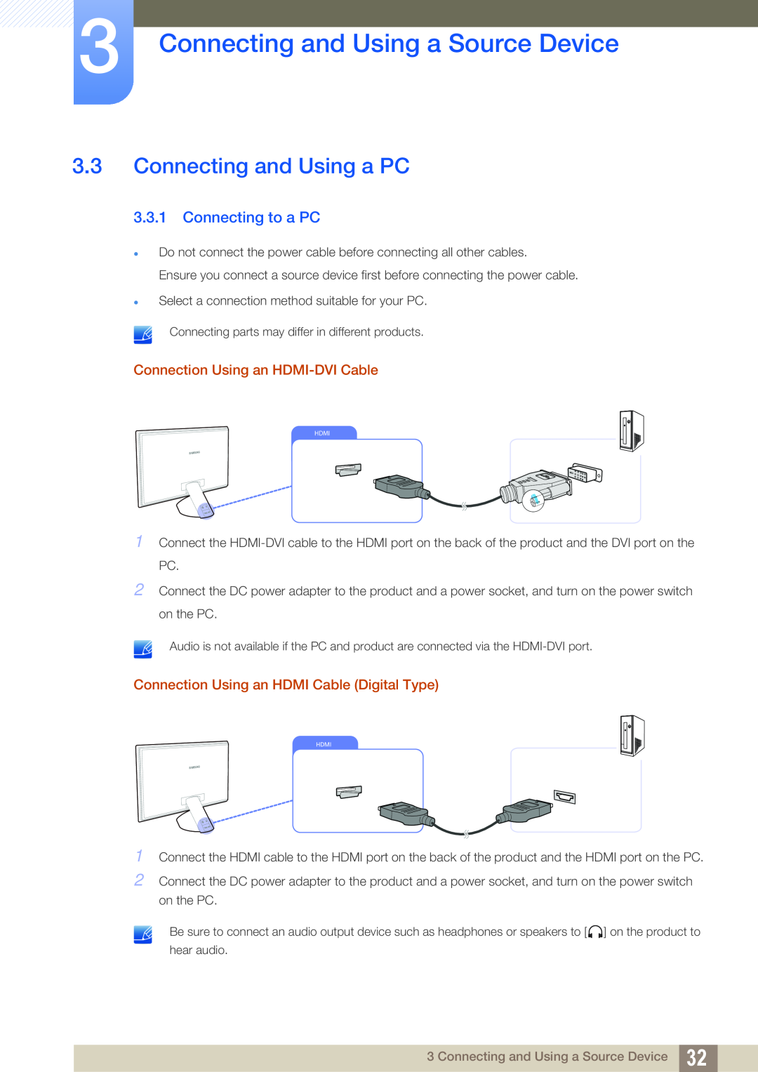 Samsung S27A750D, S23A750D user manual Connecting and Using a PC, Connecting to a PC, Connecting and Using a Source Device 