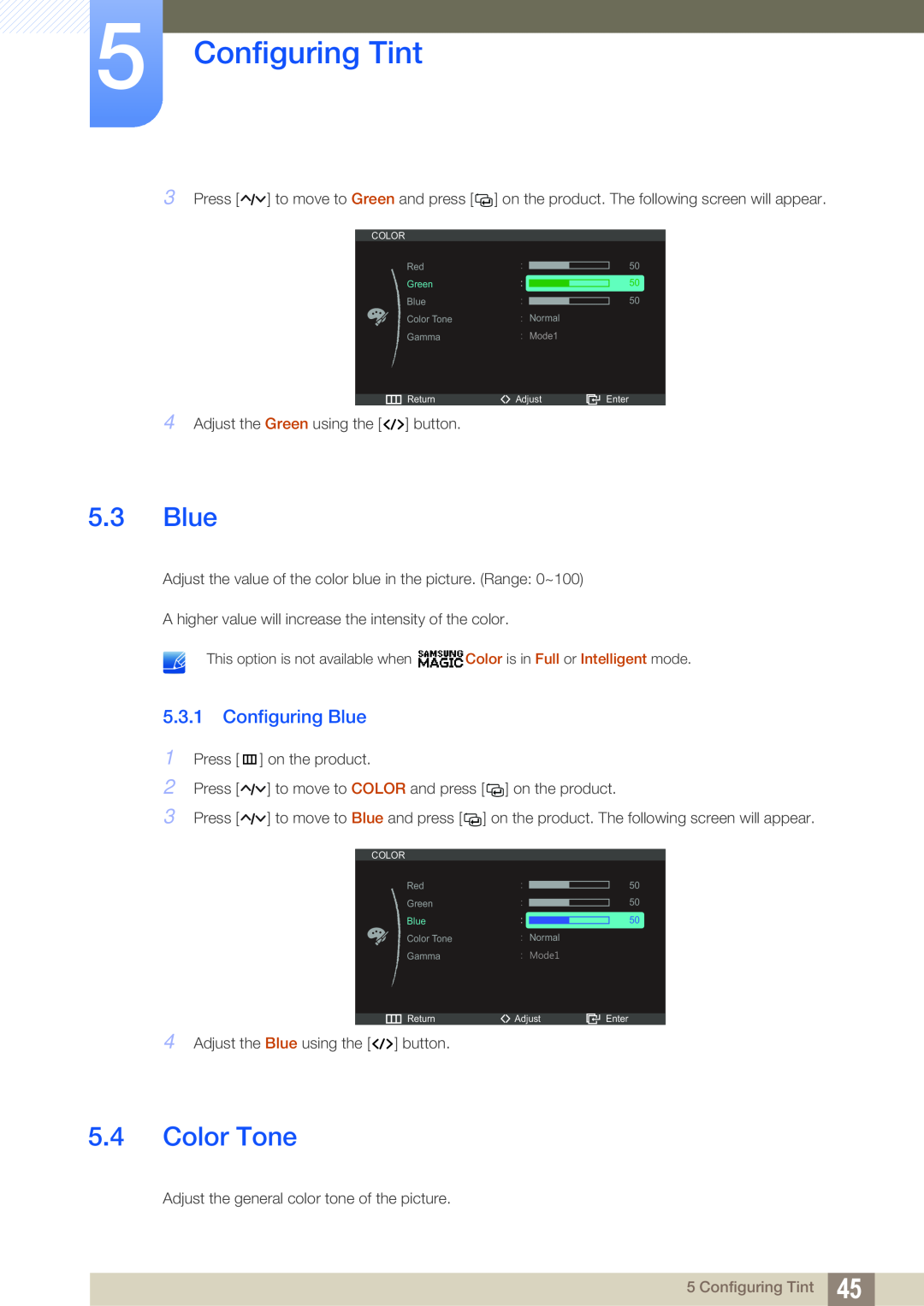 Samsung S23A750D, S27A750D user manual Color Tone, Configuring Blue, Configuring Tint 
