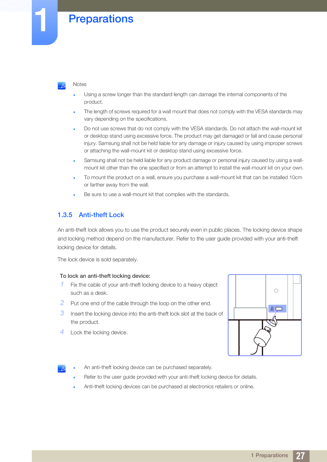 Samsung S27A850T user manual Anti-theft Lock 