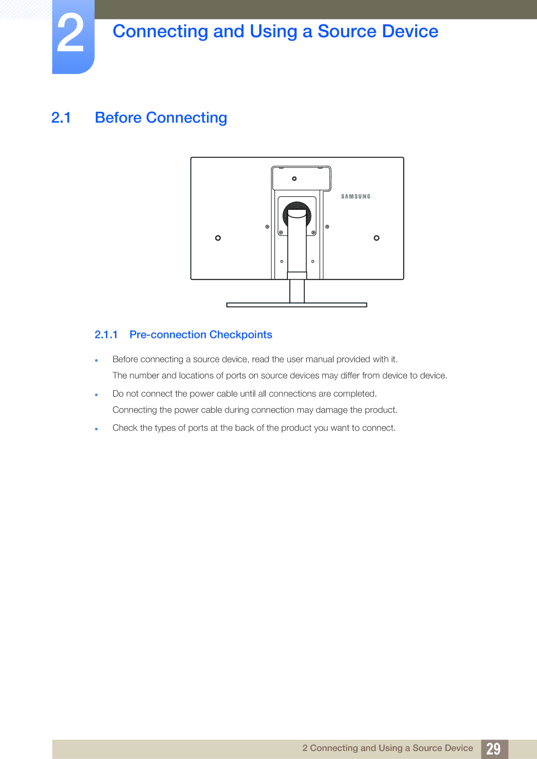 Samsung S27A850T user manual Connecting and Using a Source Device, Before Connecting, Pre-connection Checkpoints 