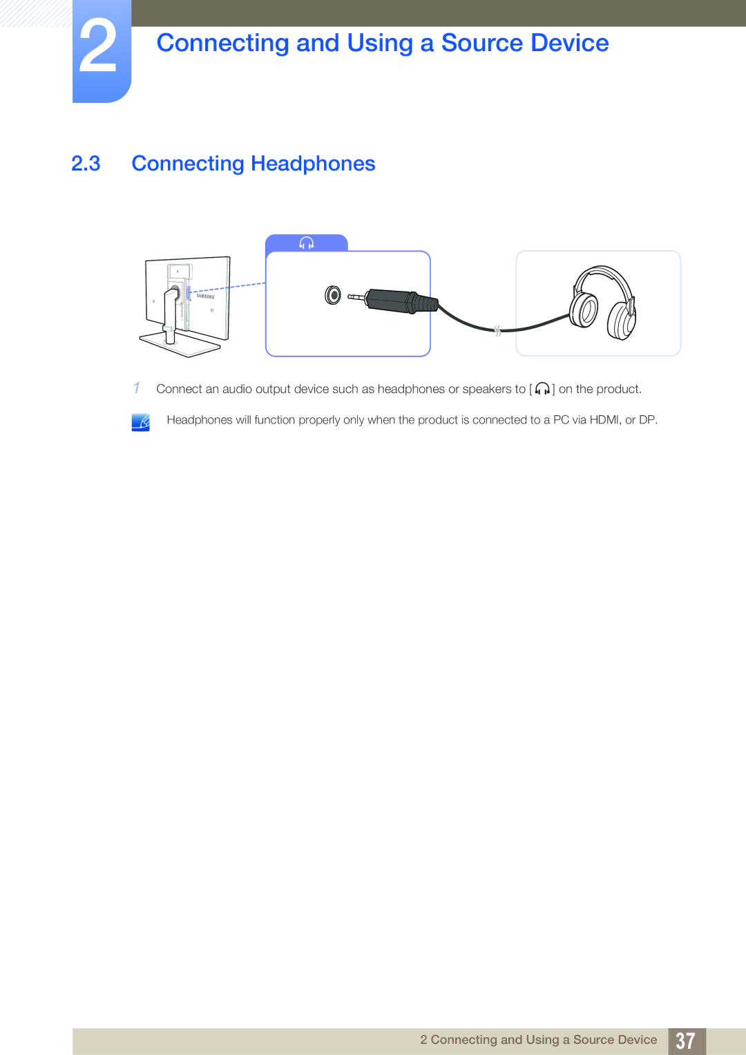 Samsung S27A850T user manual Connecting Headphones 