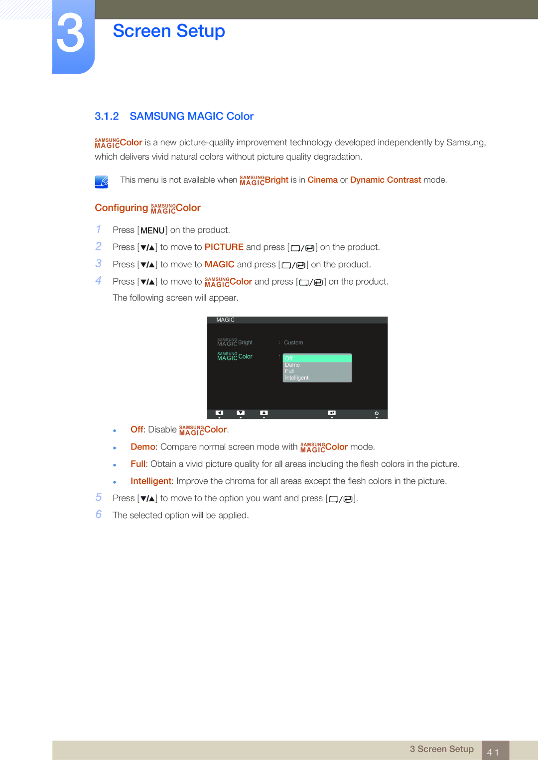 Samsung S27A850T user manual Samsung Magic Color, Configuring MAGICSAMSUNGColor 