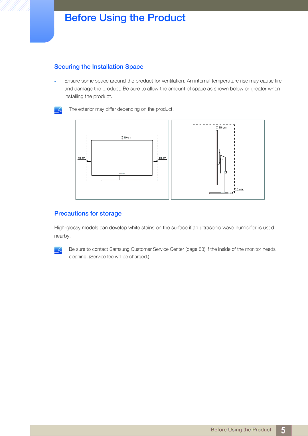 Samsung S27A850T user manual Securing the Installation Space, Precautions for storage 