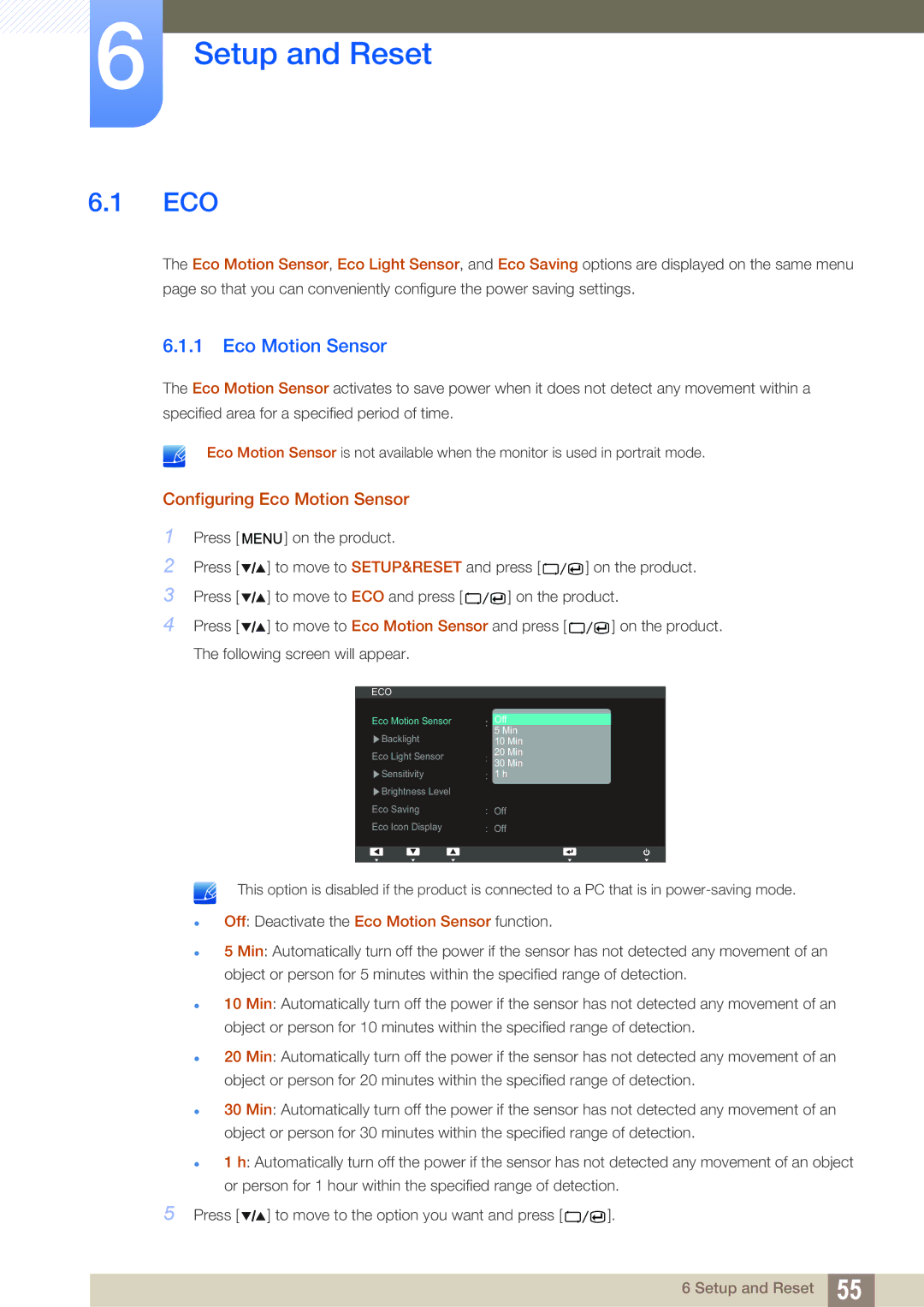 Samsung S27A850T user manual Setup and Reset, Configuring Eco Motion Sensor 