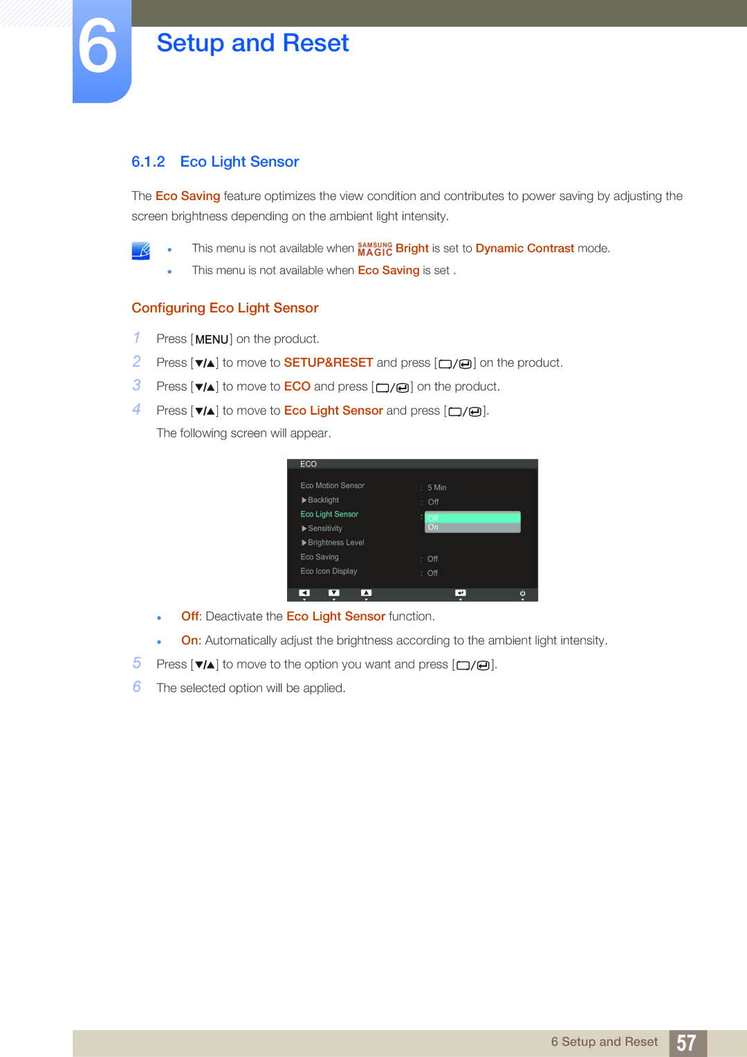 Samsung S27A850T user manual Configuring Eco Light Sensor 