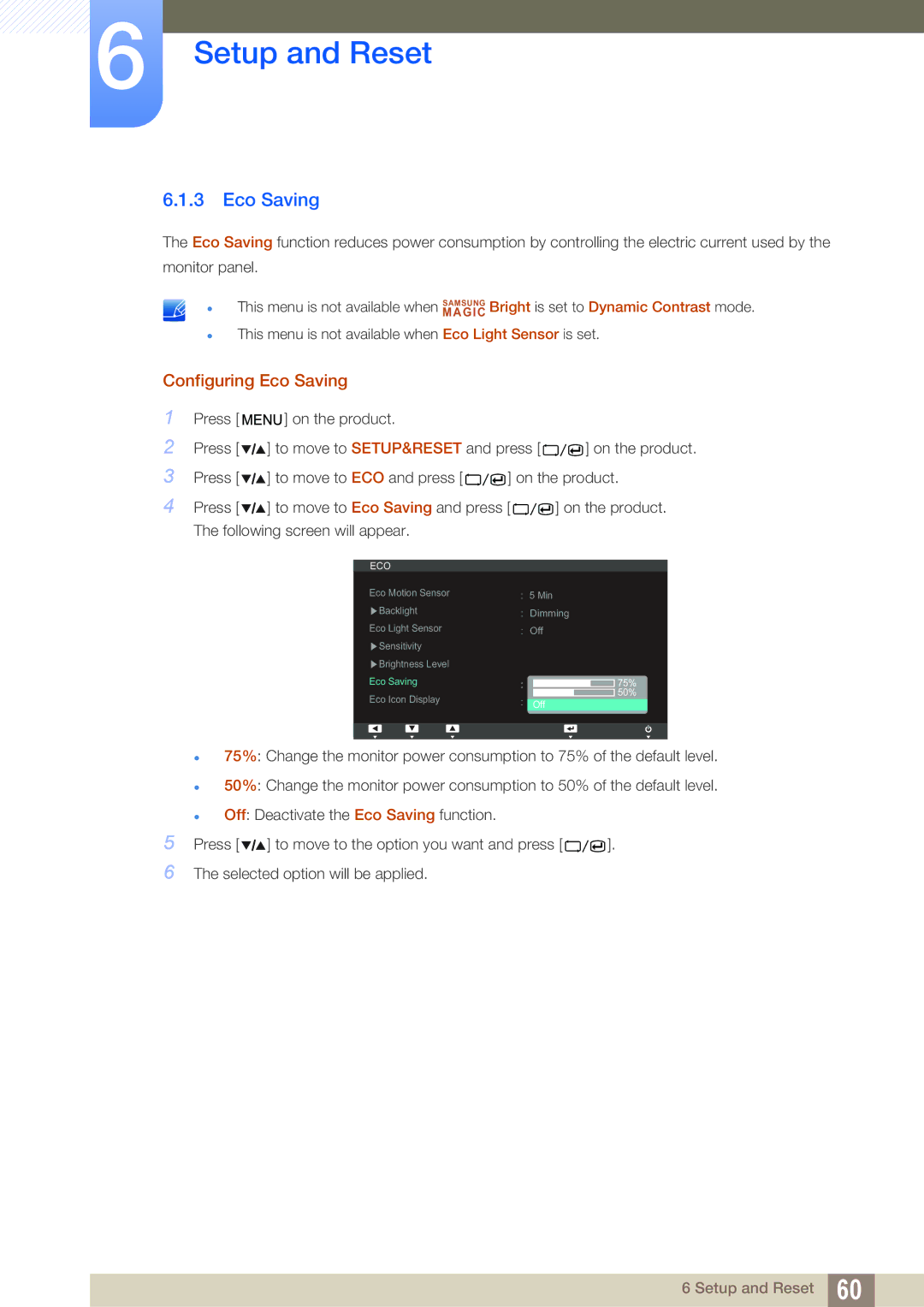 Samsung S27A850T user manual Configuring Eco Saving 