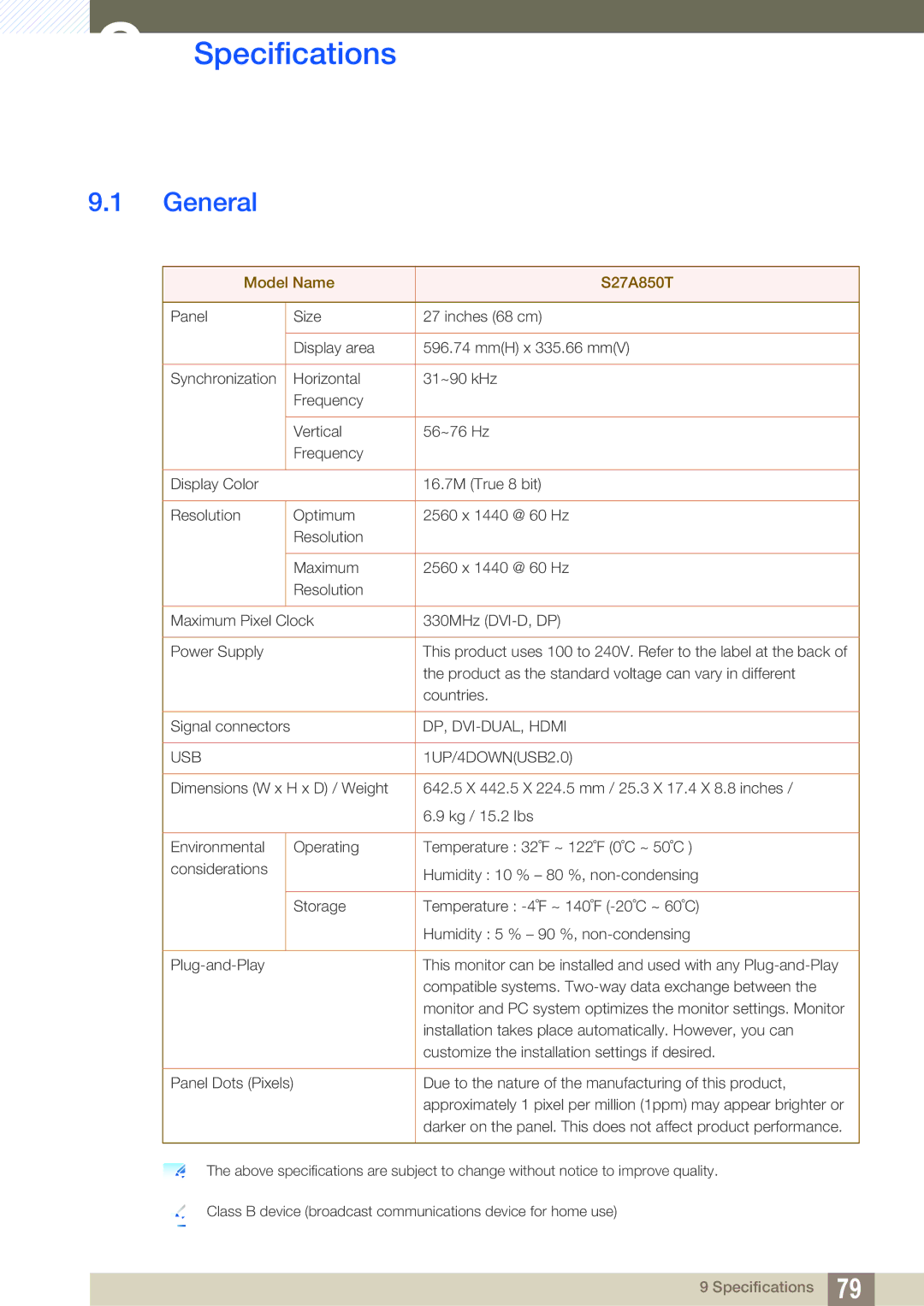 Samsung S27A850T user manual Specifications, General 