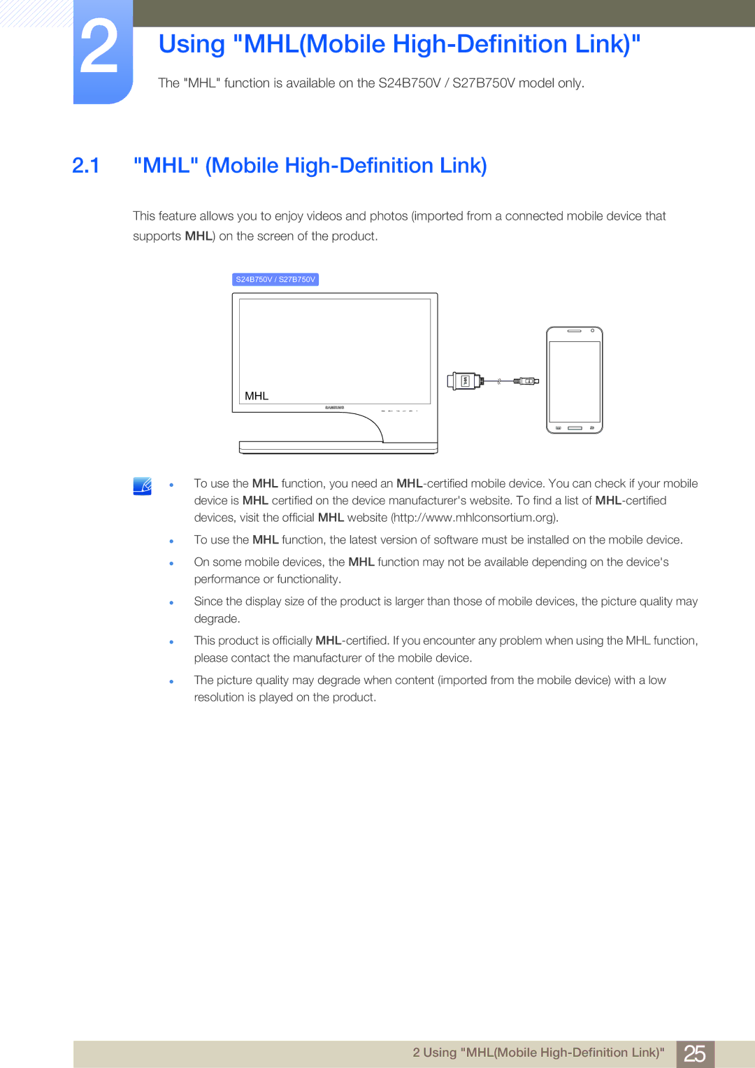 Samsung S27B750V user manual Using MHLMobile High-Definition Link, MHL Mobile High-Definition Link 