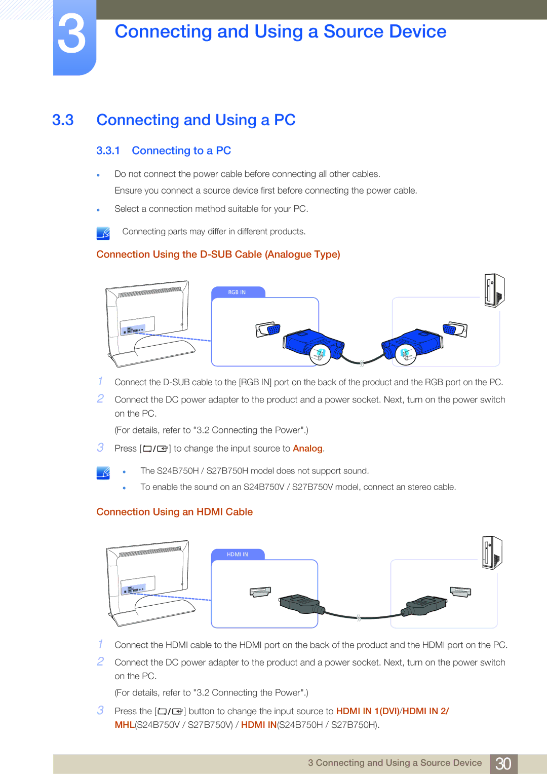 Samsung S27B750V user manual Connecting and Using a PC, Connecting to a PC 