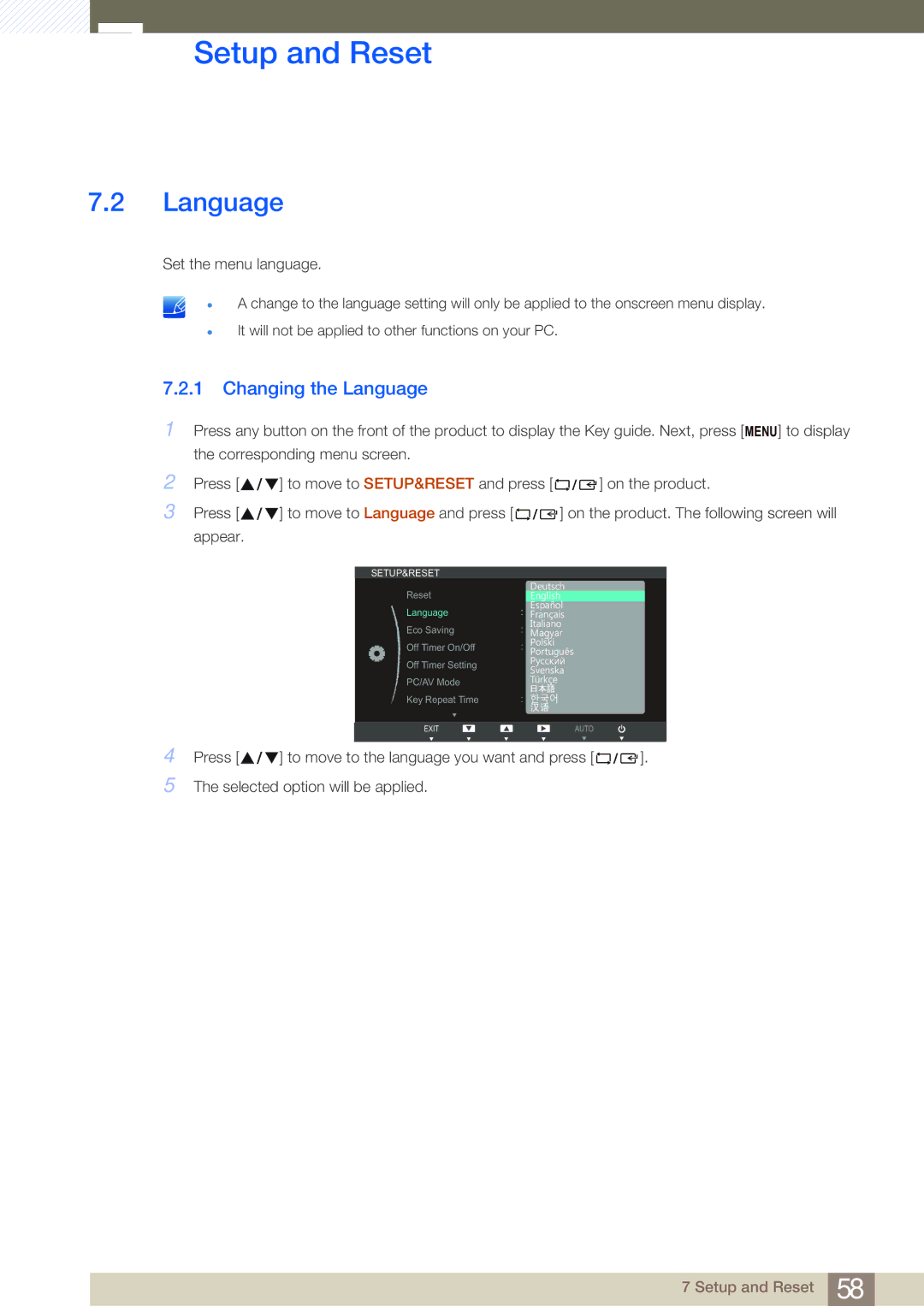 Samsung S27B750V user manual Changing the Language 