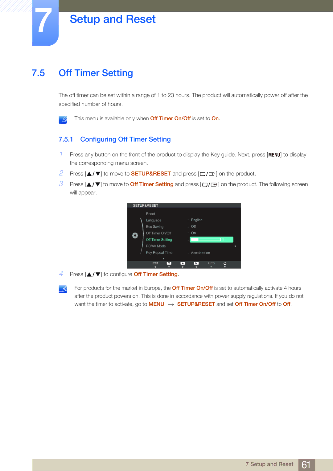 Samsung S27B750V user manual Configuring Off Timer Setting 