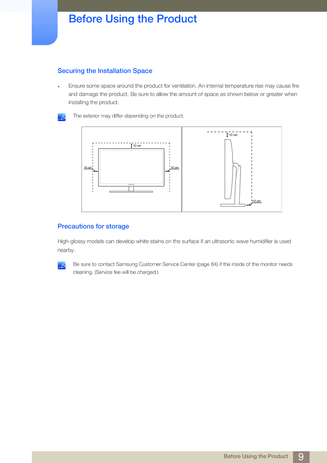 Samsung S27B750V user manual Securing the Installation Space, Precautions for storage 