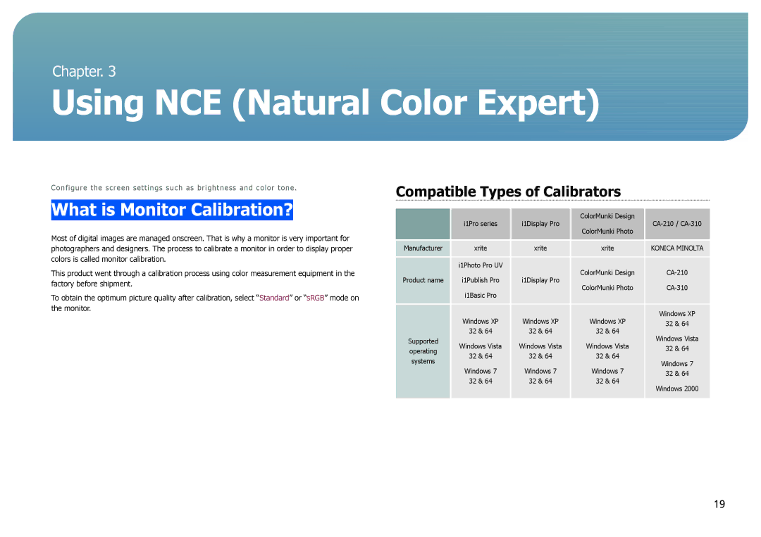 Samsung S27B970D user manual Using NCE Natural Color Expert, What is Monitor Calibration?, Compatible Types of Calibrators 