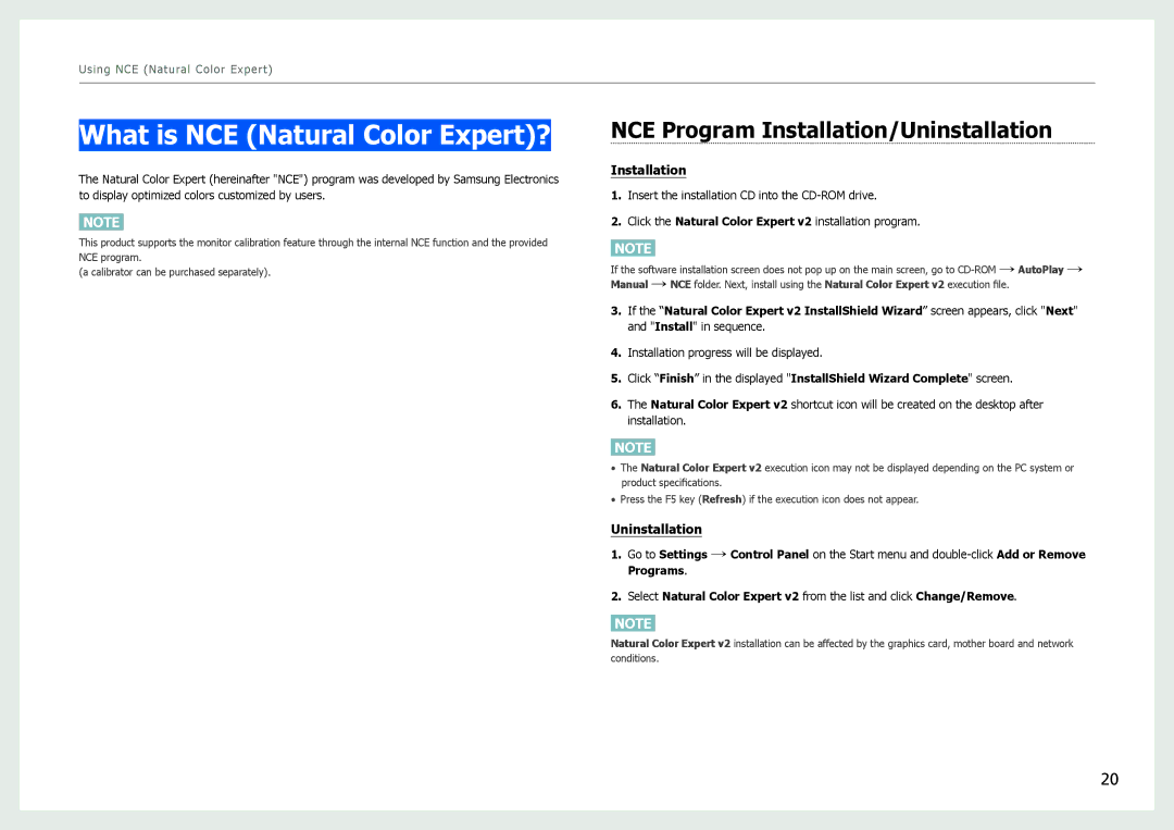 Samsung S27B970D user manual What is NCE Natural Color Expert?, NCE Program Installation/Uninstallation 