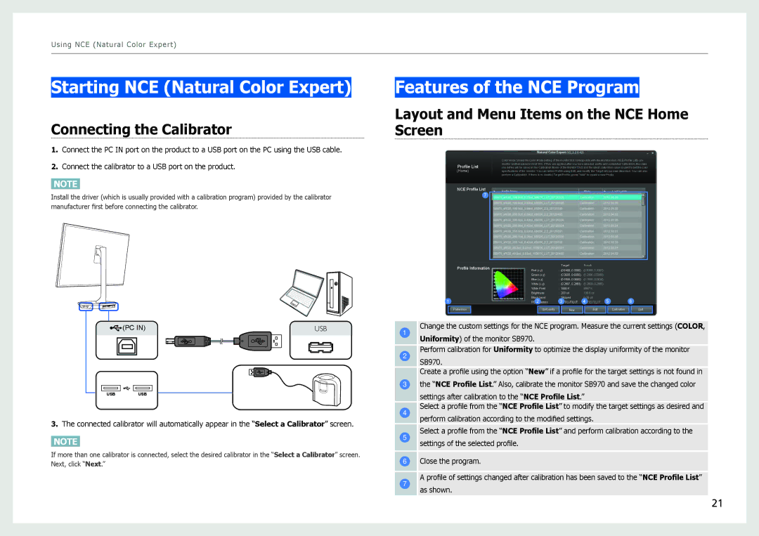 Samsung S27B970D user manual Starting NCE Natural Color Expert, Features of the NCE Program, Connecting the Calibrator 