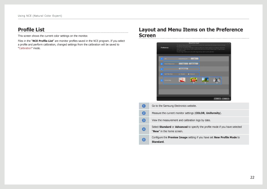 Samsung S27B970D user manual Profile List, Layout and Menu Items on the Preference Screen 