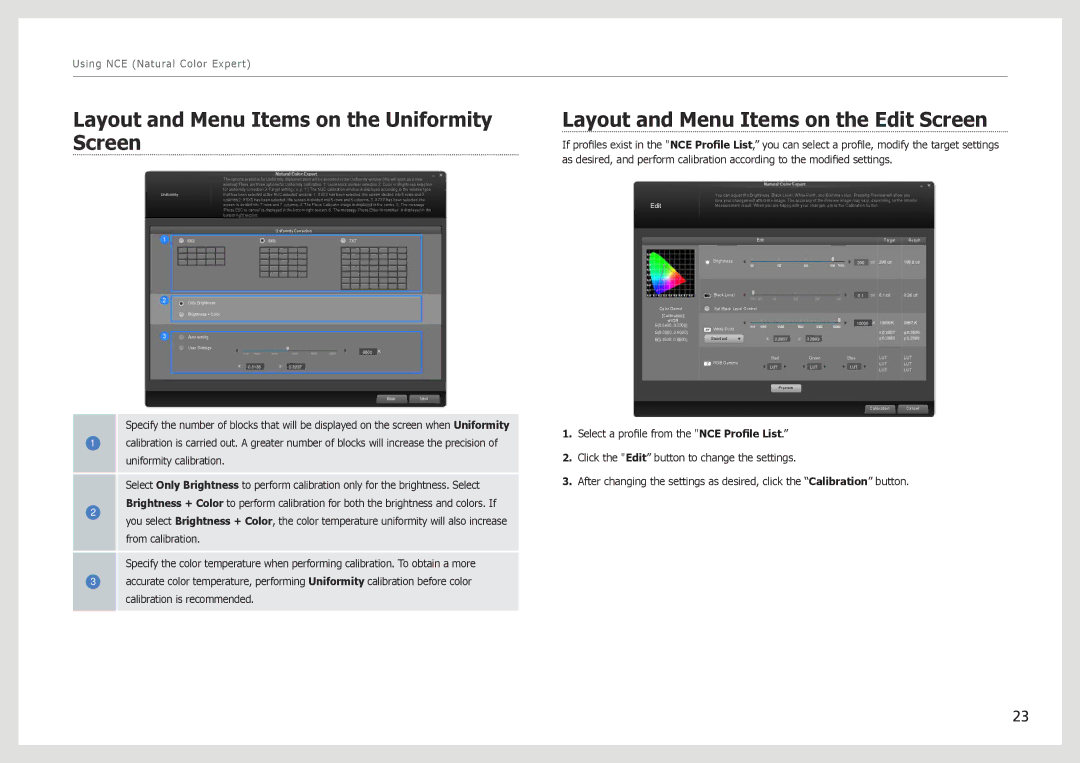 Samsung S27B970D user manual Layout and Menu Items on the Uniformity Screen, Layout and Menu Items on the Edit Screen 