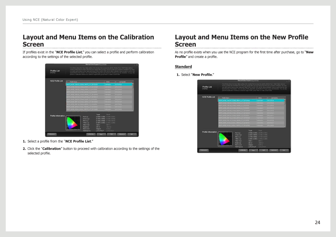 Samsung S27B970D Layout and Menu Items on the Calibration Screen, Layout and Menu Items on the New Profile Screen 