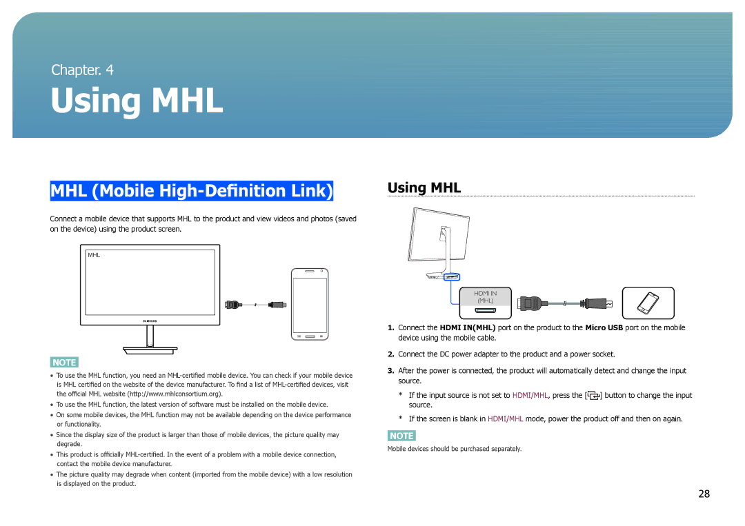 Samsung S27B970D user manual Using MHL, MHL Mobile High-Definition Link 