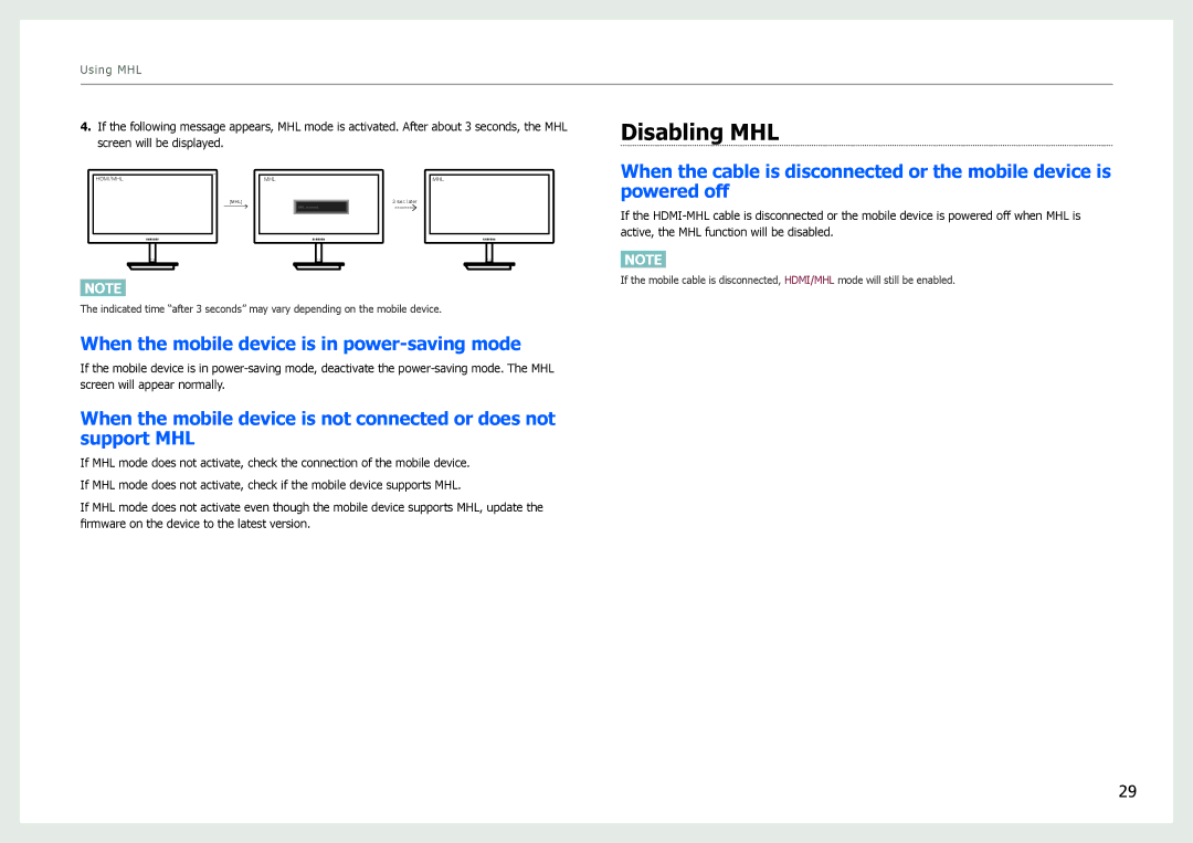 Samsung S27B970D user manual Disabling MHL, When the mobile device is in power-saving mode 