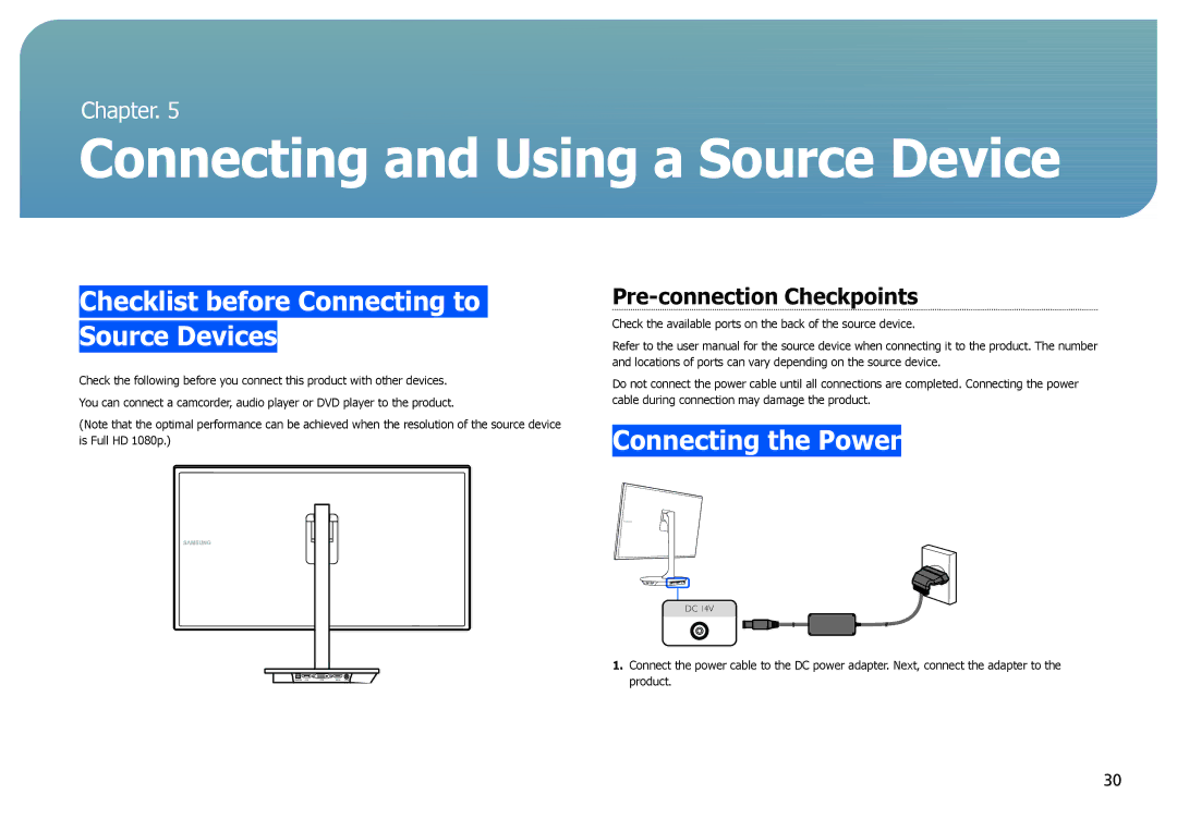 Samsung S27B970D Connecting and Using a Source Device, Checklist before Connecting to Source Devices, Connecting the Power 