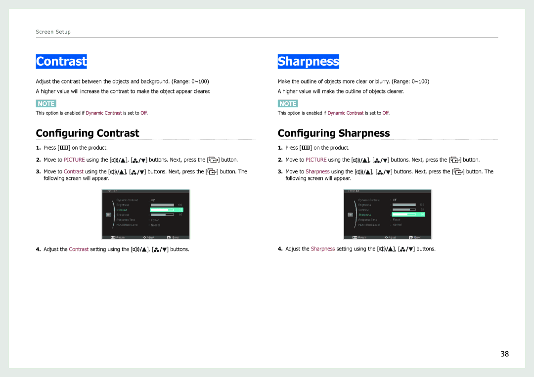 Samsung S27B970D user manual Configuring Contrast, Configuring Sharpness 