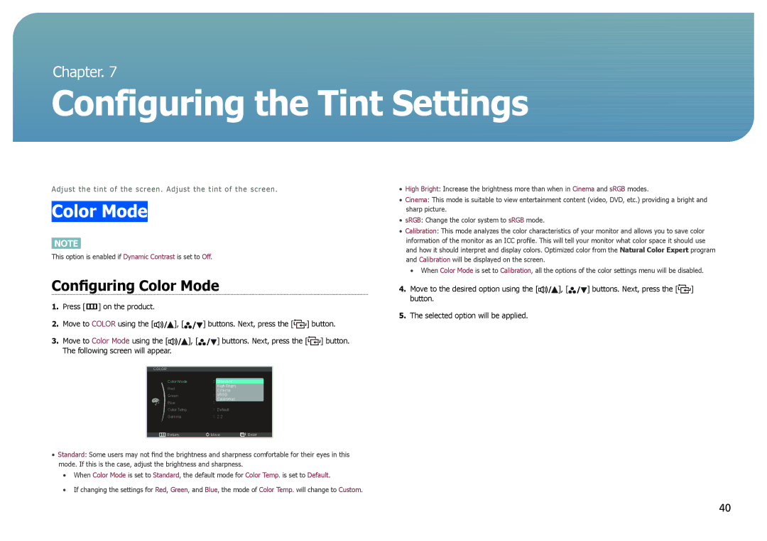 Samsung S27B970D user manual Configuring the Tint Settings, Configuring Color Mode 