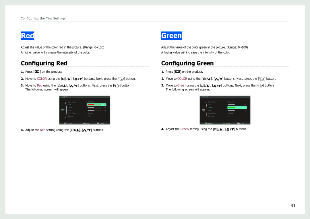 Samsung S27B970D user manual Configuring Red, Configuring Green 