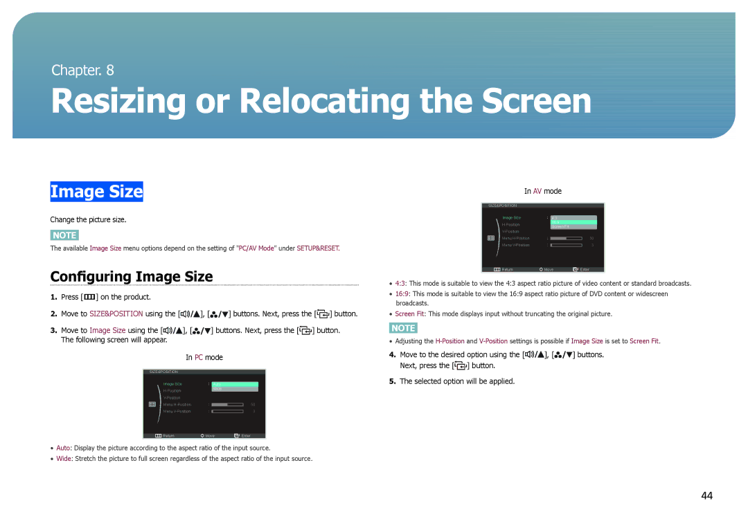 Samsung S27B970D user manual Resizing or Relocating the Screen, Configuring Image Size 