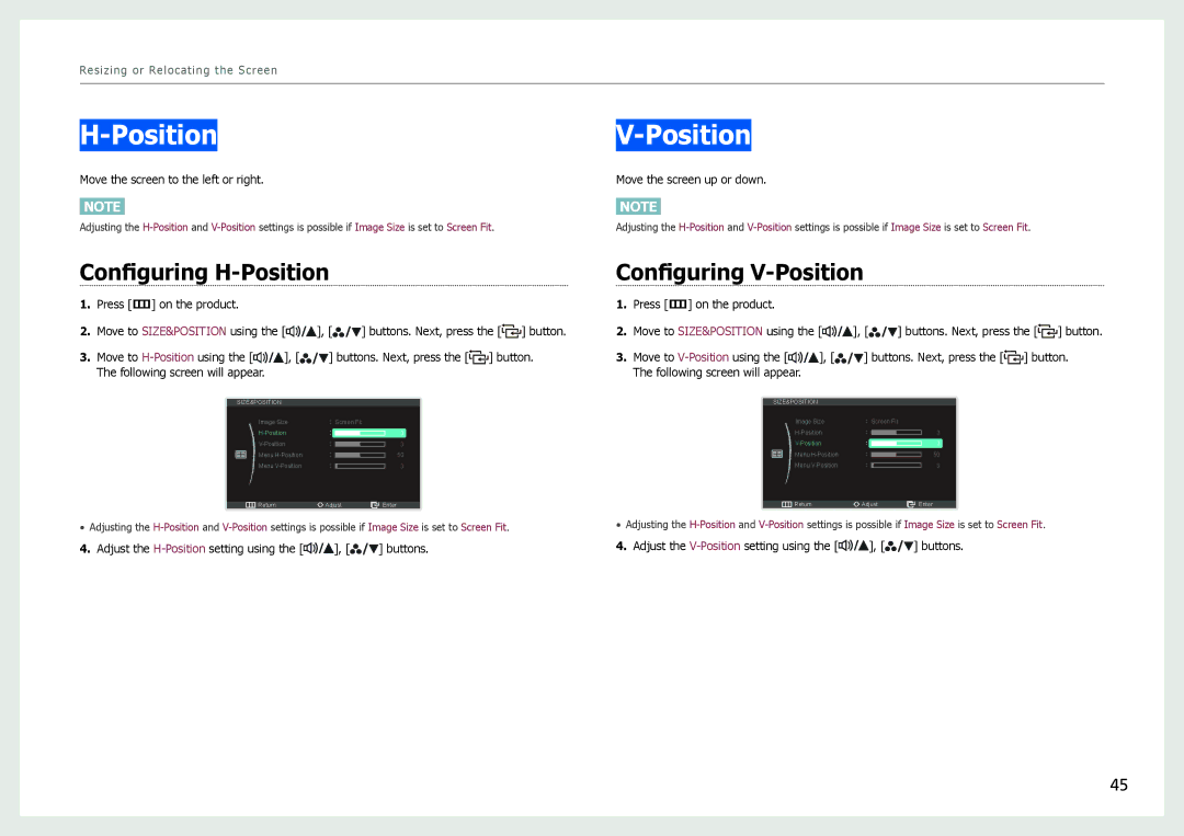 Samsung S27B970D user manual Configuring H-Position, Configuring V-Position 
