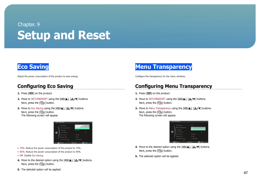 Samsung S27B970D user manual Setup and Reset, Configuring Eco Saving, Configuring Menu Transparency 