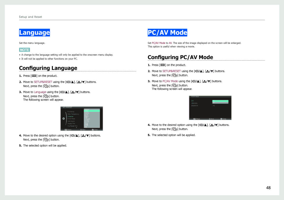 Samsung S27B970D user manual Configuring Language, Configuring PC/AV Mode 