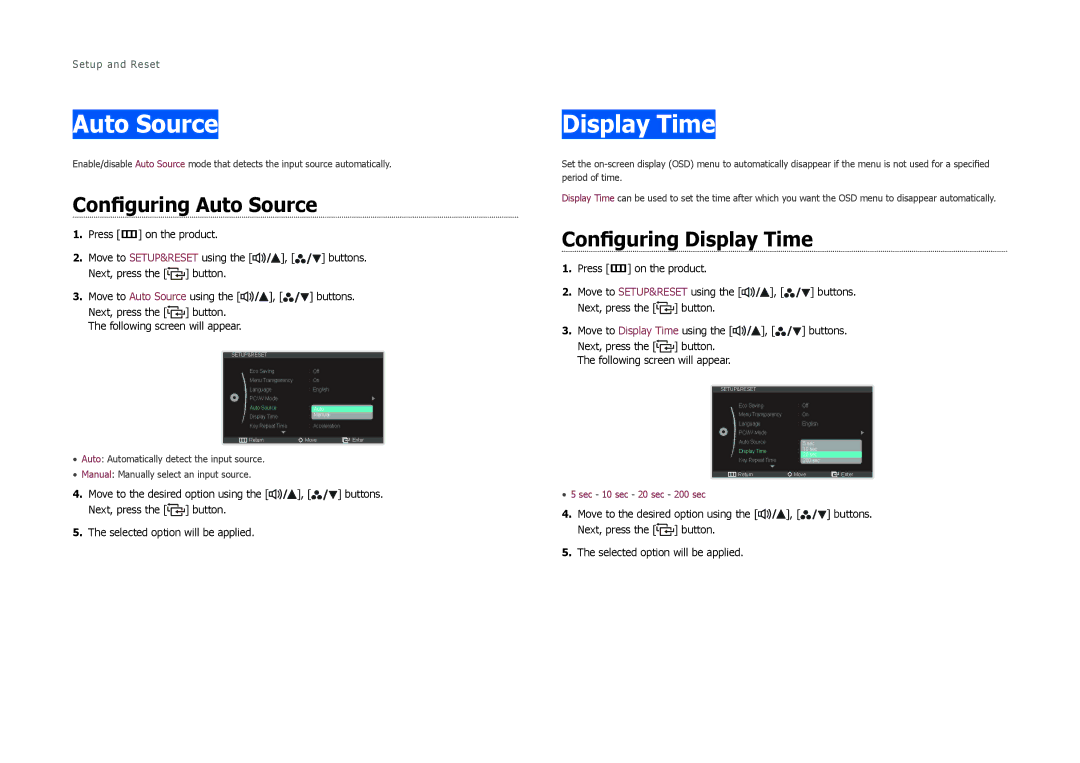 Samsung S27B970D user manual Configuring Auto Source, Configuring Display Time 