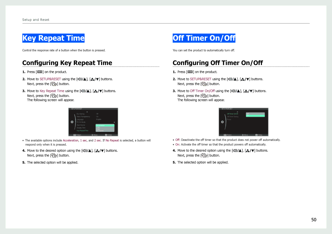 Samsung S27B970D user manual Configuring Key Repeat Time, Configuring Off Timer On/Off 