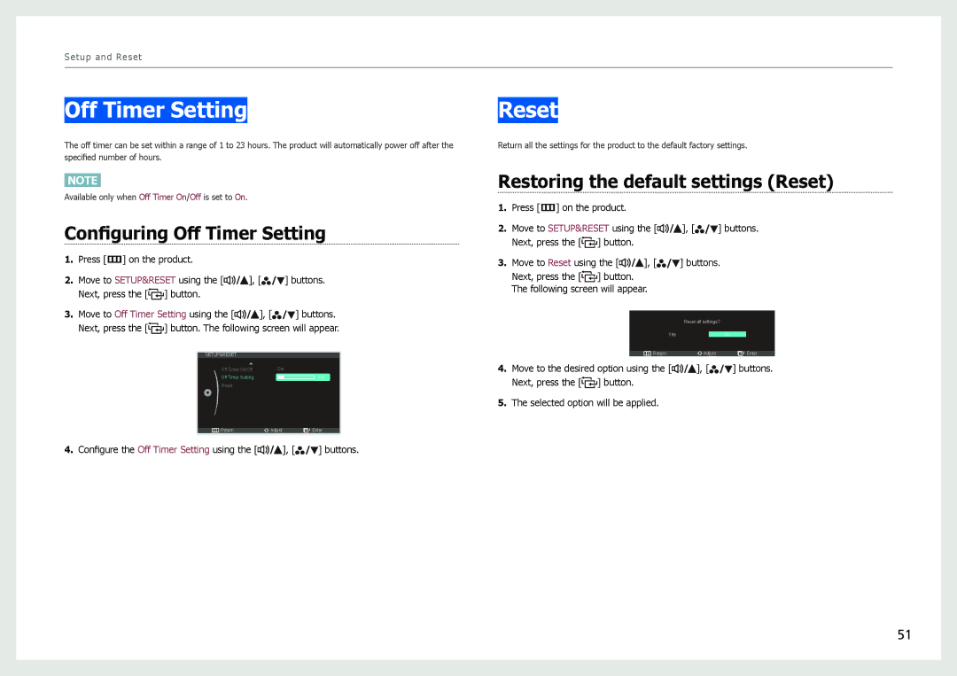 Samsung S27B970D user manual Configuring Off Timer Setting, Restoring the default settings Reset 